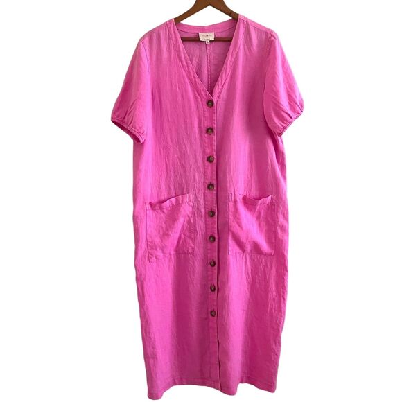 Lou & Grey Linen Maxi Dress L Pink Relaxed Fit Button Front Minimalist Resort - Picture 1 of 7
